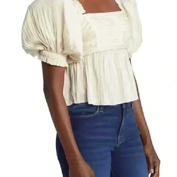 FRAME Puff Sleeve Square Neck Empire Waist Vanilla Blouse. - Picture 3 of 11